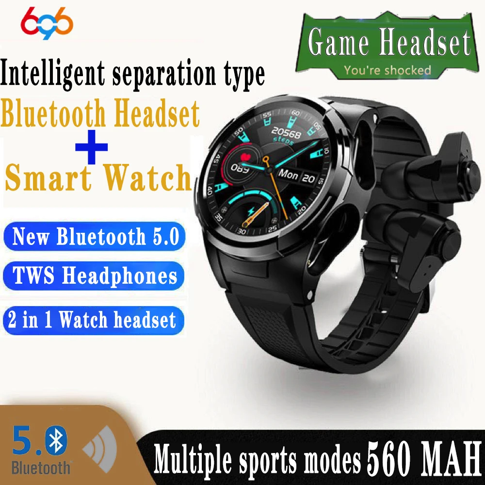 

2 In 1 TWS Game Headset Sound Quality Smart Watch Men Blue Tooth Earphones Heartrate Sport Smartwatch 180 Degree Dial rotation