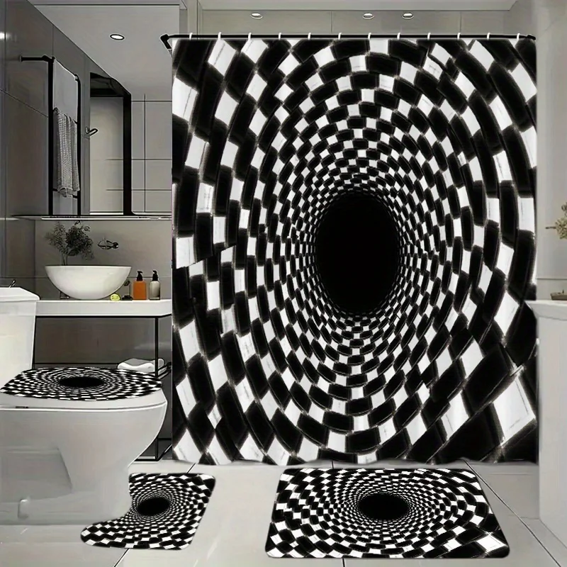 ชุดห้องน้ำ 4 ชิ้นพร้อมม่านอาบน้ำ, ตะขอ 12 อัน, แผ่นปูพื้น, ฝาครอบที่นั่งชักโครกและอุปกรณ์ตกแต่งในสีดำและสีขาวเช 1