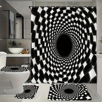 ชุดห้องน้ำ 4 ชิ้นพร้อมม่านอาบน้ำ, ตะขอ 12 อัน, แผ่นปูพื้น, ฝาครอบที่นั่งชักโครกและอุปกรณ์ตกแต่งในสีดำและสีขาวเช 1