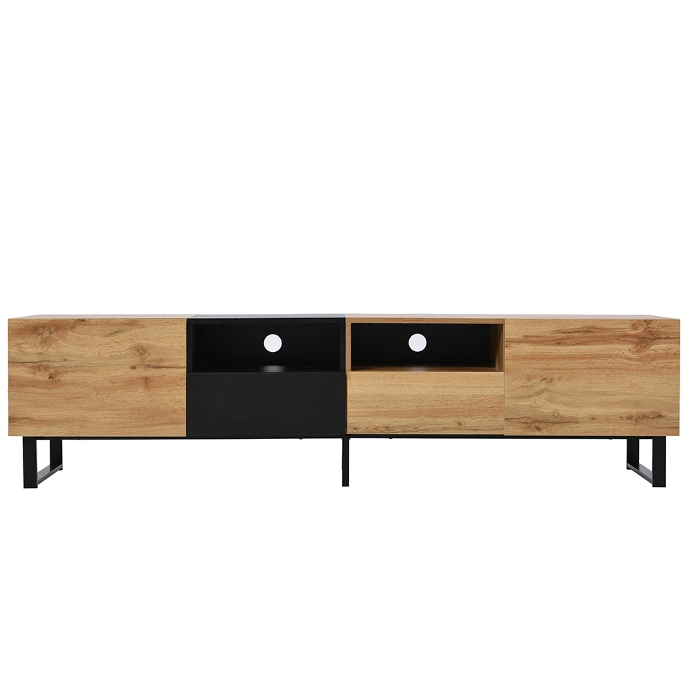 KOMHTOM Modern TV Stand Black and wood Design, Spacious Storage, Robust Construction