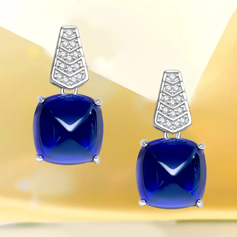 

New Artificial Blue Sugar Tower Earrings 925 Sterling Silver Inlaid with Artificial Blue Treasure Light Luxury Wedding Jewelry