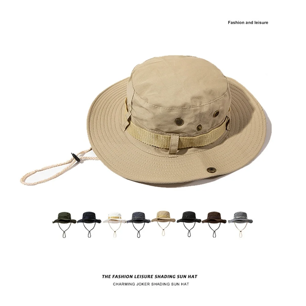 

Шляпа мужская Солнцезащитная на шнурке, шляпа рыбака, для отдыха на открытом воздухе, для походов и альпинизма, с широкими полями, летняя