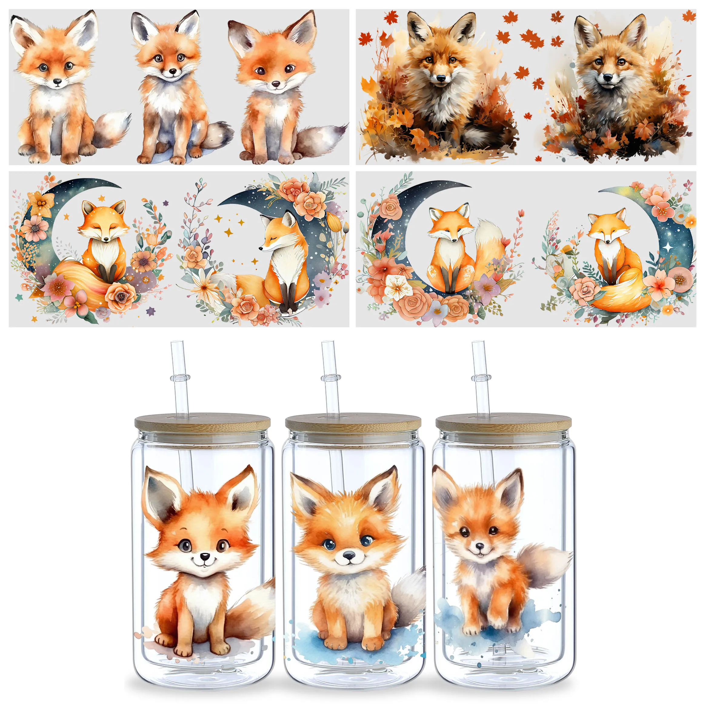 5 Sheets Fox UV DTF Mug Stickers, Glass Sports DTF Transfer Stickers, Waterproof Cute Fox Wipe-On Transfers for 16 oz Glass, Mug