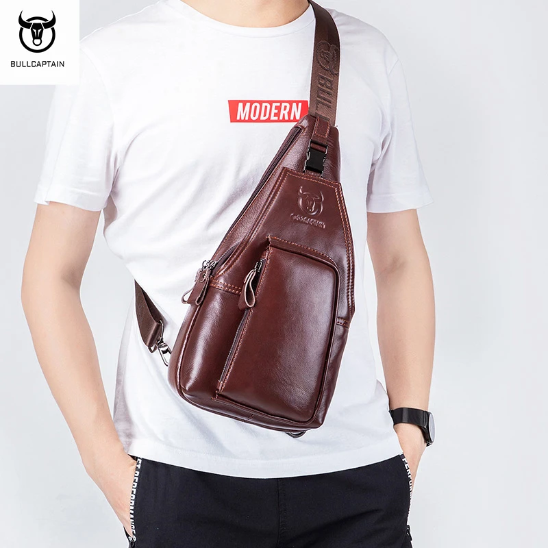 BULLCAPTAIN Men's Genuine Leather Chest pack Chest bag men Multifunctional Headphone Jack Bages Casual Messenger Bags Men Bag's
