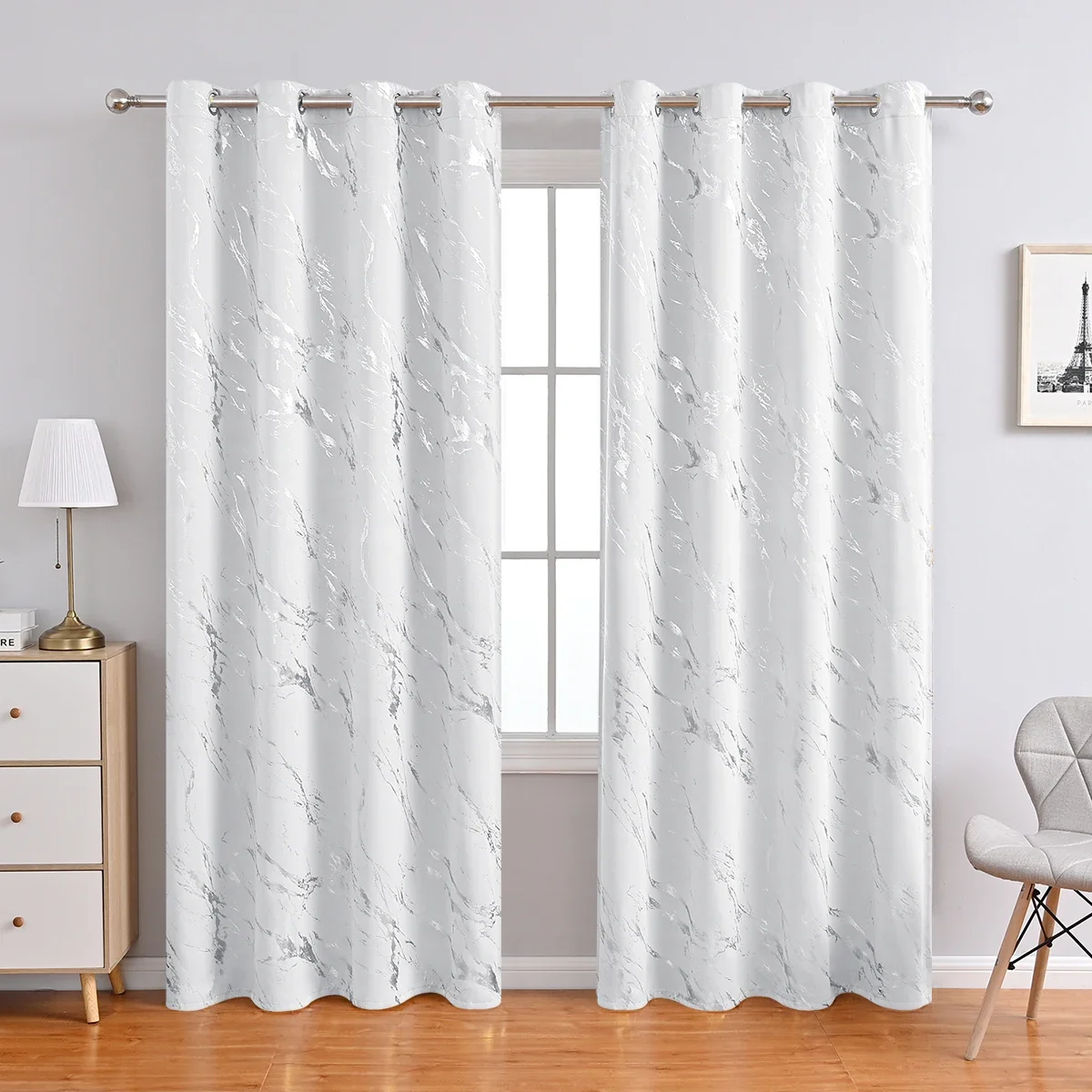 1pc Modern Marble Printed Curtain with Silver Stamping, One Panel High-Precision