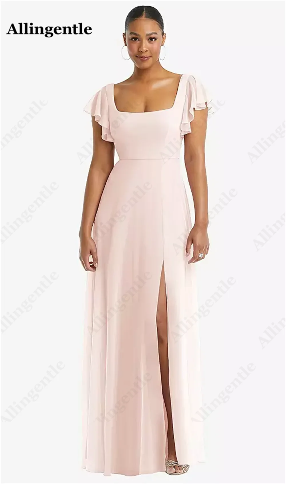Allingentle Elegant Square Collar Evening Formal Dresses Made A-Line with Side Slit Maxi Dress Bridesmaid Prom Party Gown bridesmaid dresses