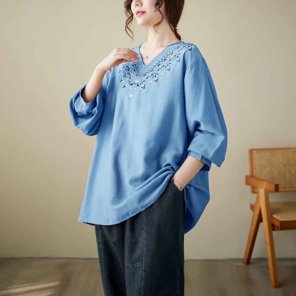 

NYFS 2023 Spring Autumn New Korea Woman Tops Loose Fat MM Cotton Linen Embroidery Long Sleeve T Shirt