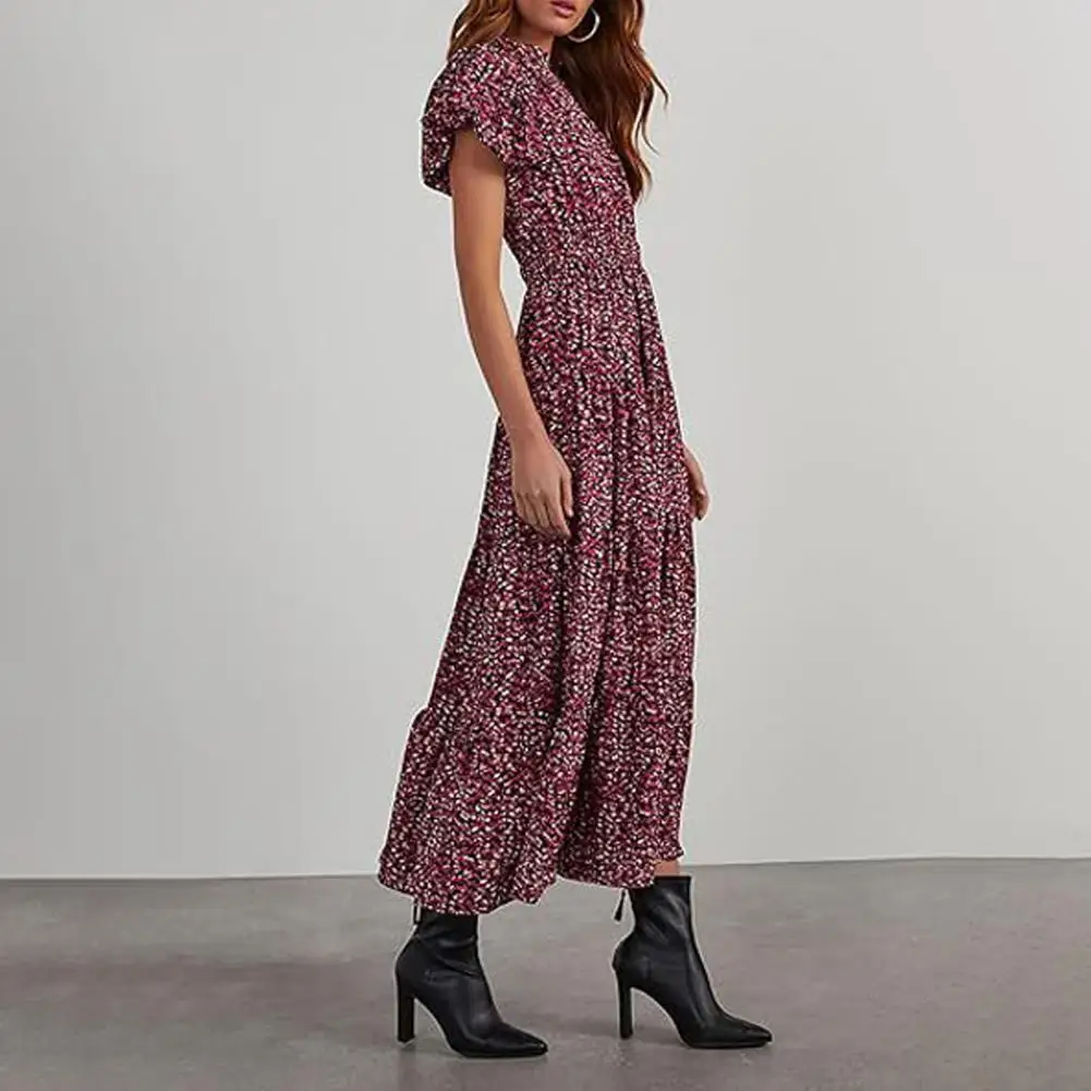 

Vacation Dress Floral Print V Neck Midi Dress for Women A-line Swing Style with Bubble Sleeves High Waist for Summer Vacation