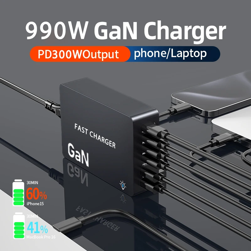 990W USB Type C GaN Charger 300W PD PPS QC4.0 Fast Charging Station Quick Charge For Laptop iPhone 16 15 Samsung Macbook Tablet