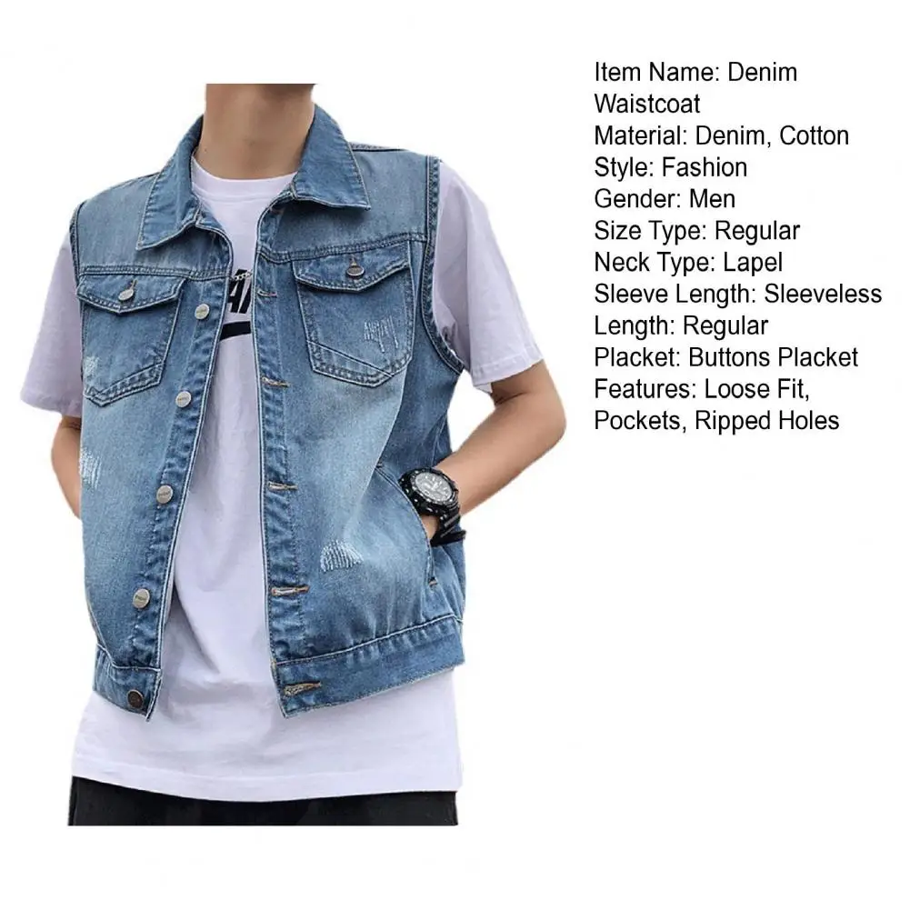 Description Picture 5 of itemSleeveless Denim Vest Men's Sleeveless Denim Jacket with Ripped Holes Pockets Single Breasted Washed Waistcoat for Casual Style