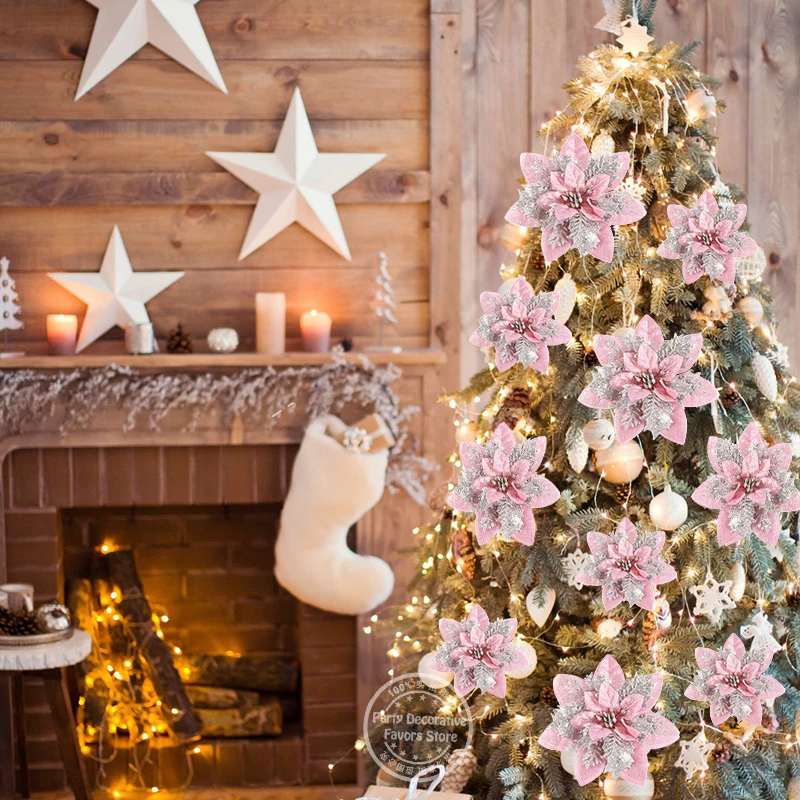 5/10Pcs Glitter Pink Christmas Flowers Xmas Tree 14cm Artifical Flower Ornaments 2025 Christmas Decoration For Home New Year