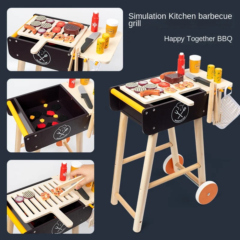 DokiToy Children's Wooden Imitation Barbecue Rack Barbecue Stall Boys And Girls Going Home Food Cognition Chechele Set Toys
