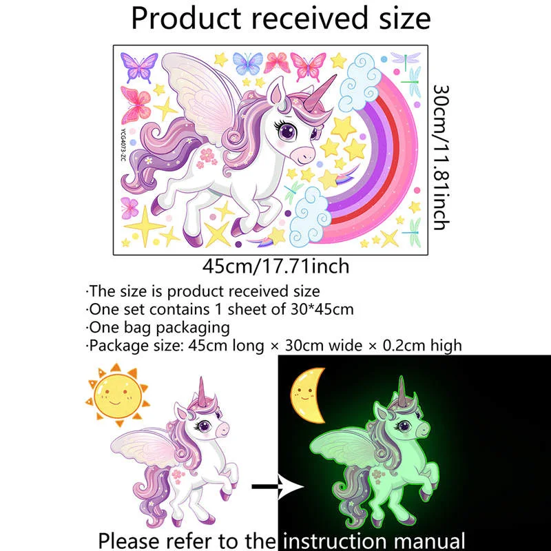 Description Picture 2 of itemGlow in The Dark Unicorn Wall Stickers Fluorescent Butterfly Glowing Star Rainbow Decals Ceilling Decor for Kids Room Bedroom