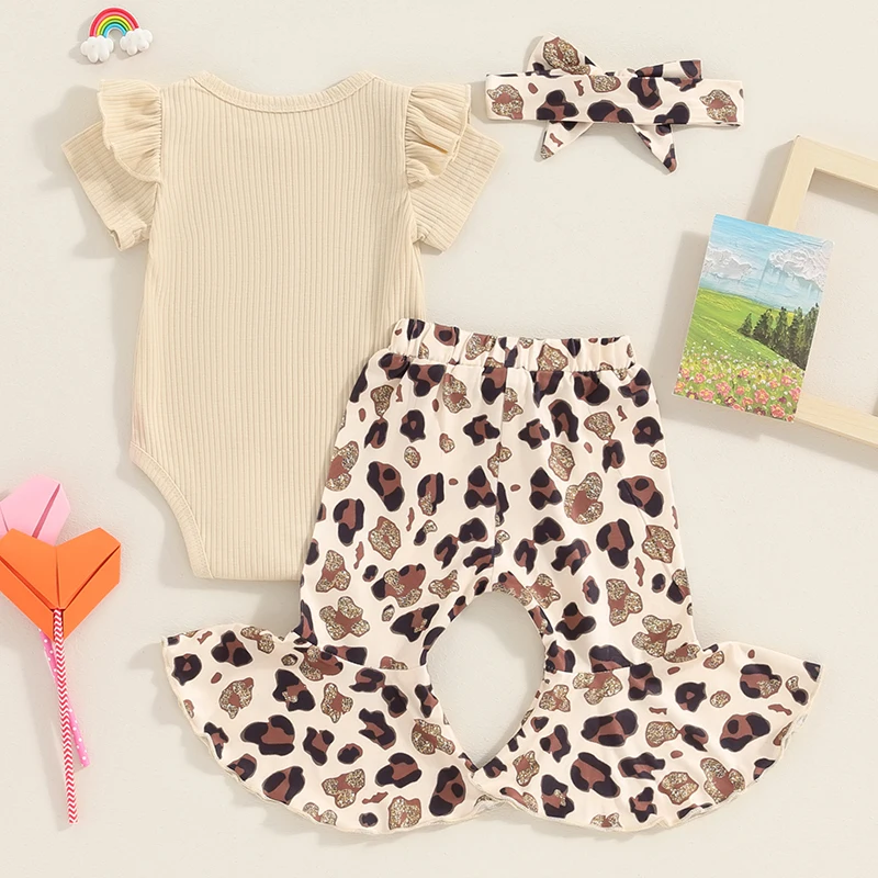 

Baby Girl Bell Bottoms Outfit Short Sleeve Romper Rib Knit Button Bodysuit Flare Pants Headband Summer Clothes