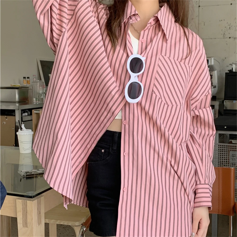 

PLAMTEE Oversize Shirts Women Stripes New Loose Sunscreen Slim Summer 2023 Lazy Style Chic All Match High Street Casual Tops