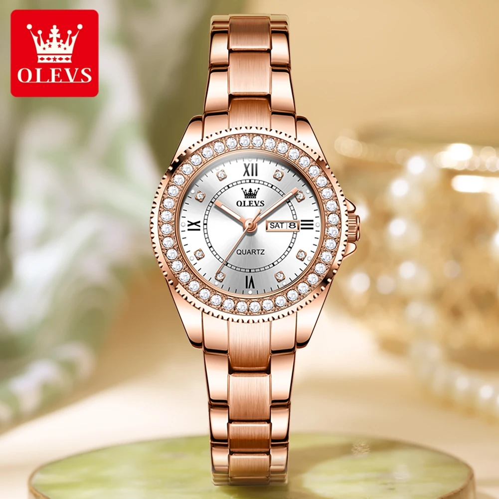 OLEVS Brand Luxury Rose Gold Quartz Watch for Women Stainless Steel Waterproof Week Date Fashion Womens Watches Relogio Feminino