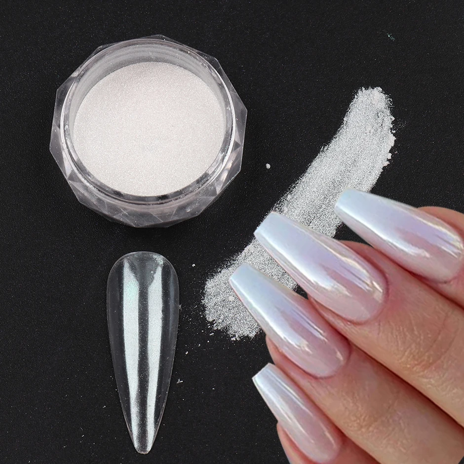 Nail powder nail glitter nail pigment Pearl White Chrome Powder Nail Glitter Mirror Rubbing on Nails Mermaid Aurora Fine Pigment Polish Dust 1 Box