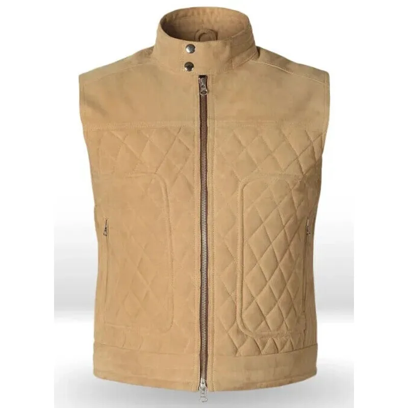 Men's Zip Front Pure Lambskin Leather Waistcoat Stand Collar Outwear Fashionable