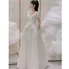 Classic V-neck Bridal Dresses 2024 New Satin Wedding Dress  With Sweet Bow Belt Simple Long A-line Evening Dress Customized 1