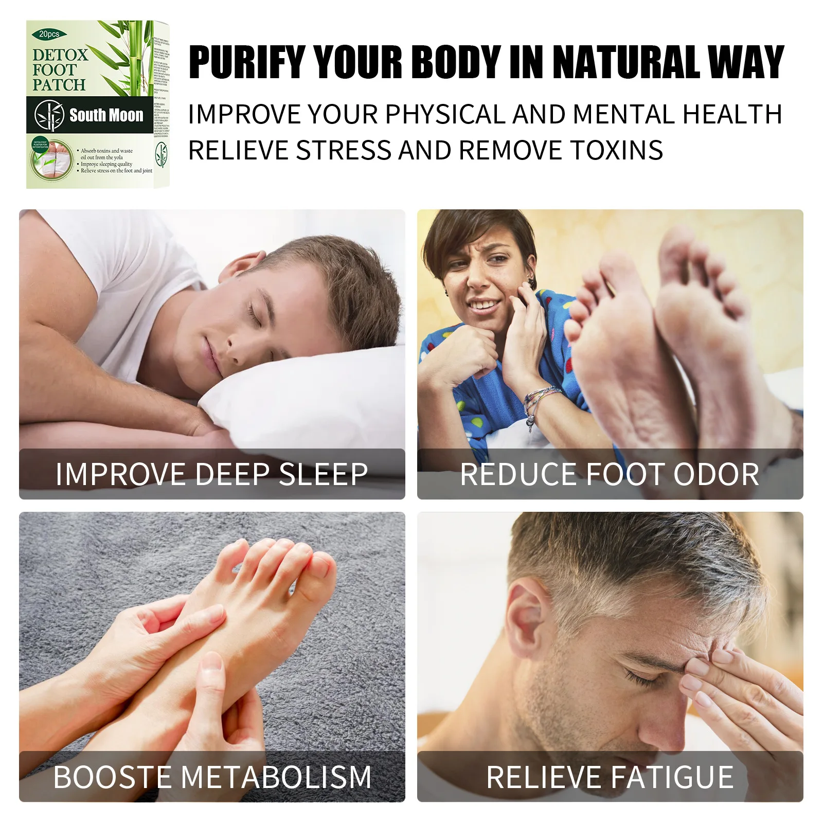 Detoxification Foot Sticker Improve Sleep Headache Back Pain Loss Weight Relieve Stress Remove Toxin Bamboo Charcoal Foot Patch natural herbal foot pads foot pads hallux valgus toe corrector varicose veins patch wormwood pain relief patch height growth foot patches