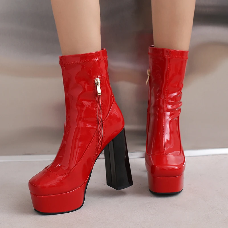 Plus Size Round Toe Platform Super High Thick Heel Glossy Patent Leather Women's Short Boots Metal Side Zipper Ankle Boots