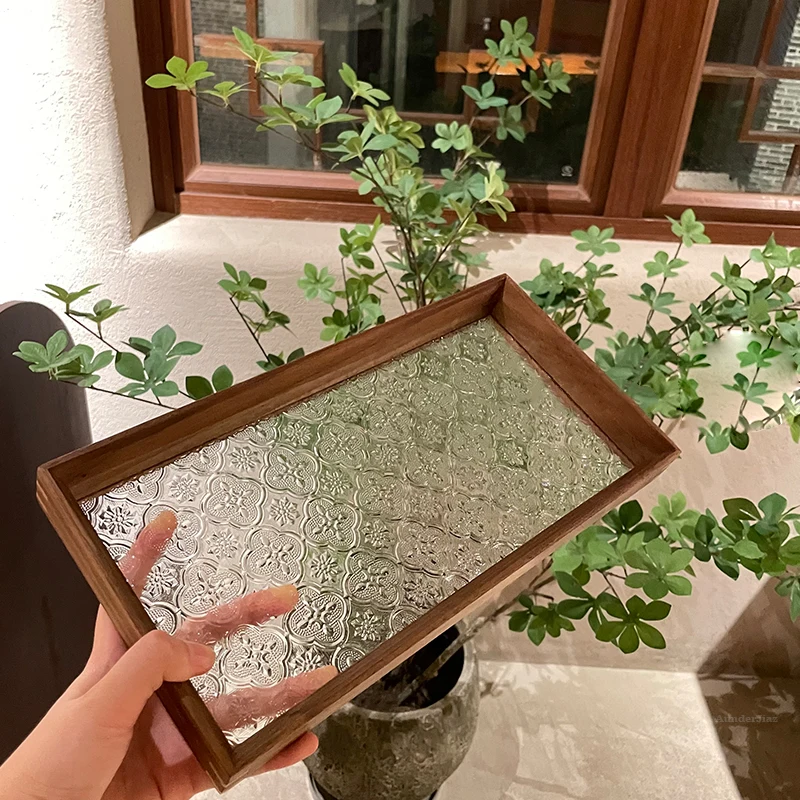 

Vintage Wooden Glass Tray, Begonia Embossed, Tempered Tea Tray, Breakfast Tray, Walnut Coffee Tray, Home Decor, New, 2023