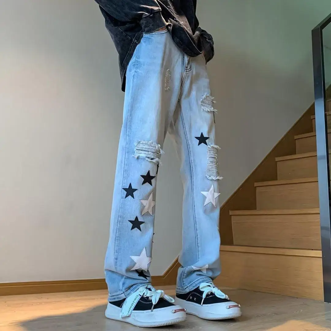 Summer Star Embroidered Word Art Jeans Men's Ripped Casual Slim Cotton Stretch Scratch Blue Gradient Splashing Ink Pants Hole 24