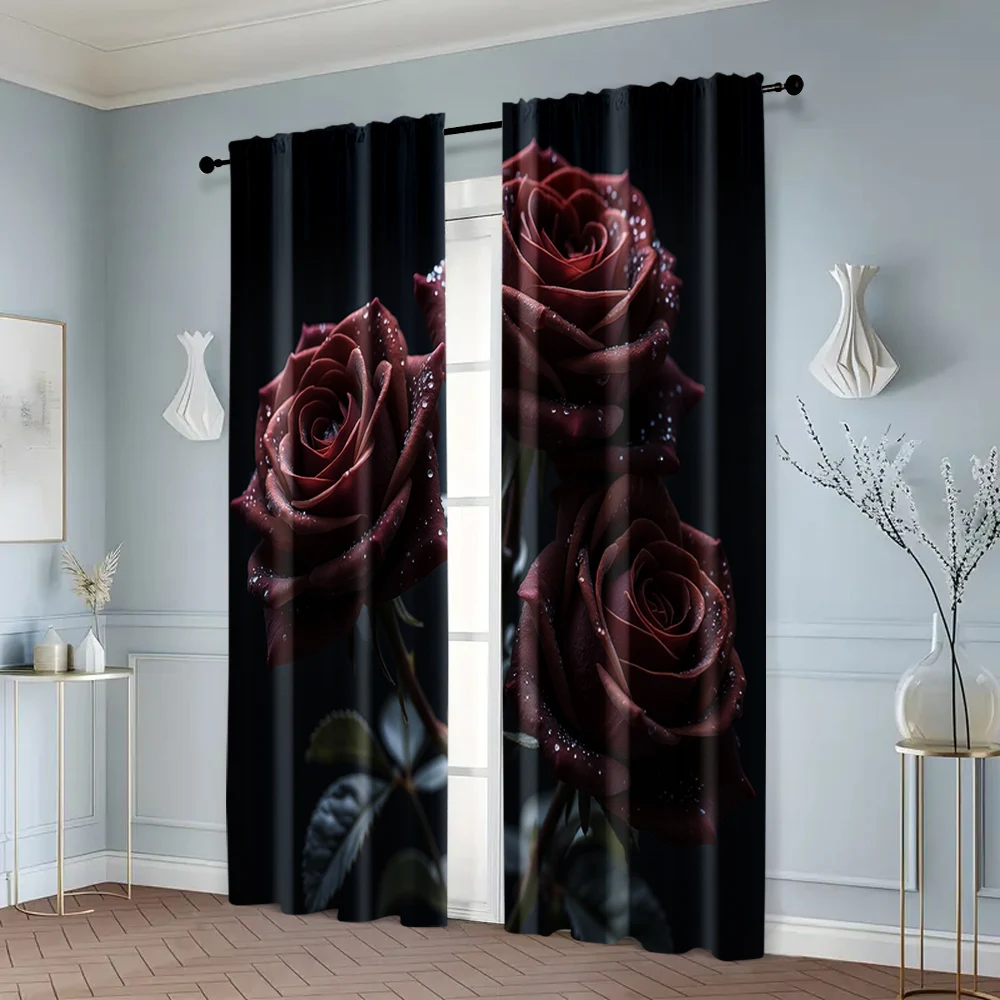 2pcs, Print Curtains 2D print Black and Golden Rose Durable 100% Polyester Fabric (without rod) Thermal Insulation, and Room 6