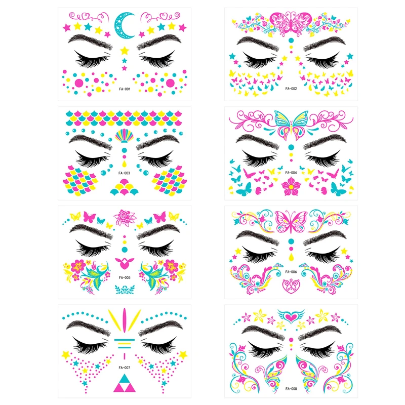 Tattoo Sticker Temporary Tattoos Makeup Stickers Fluorescent Waterproof Face Tattoo Sticker Temporary Face Sticker for Halloween Music Concert Party Night Club Makeup Tattoos