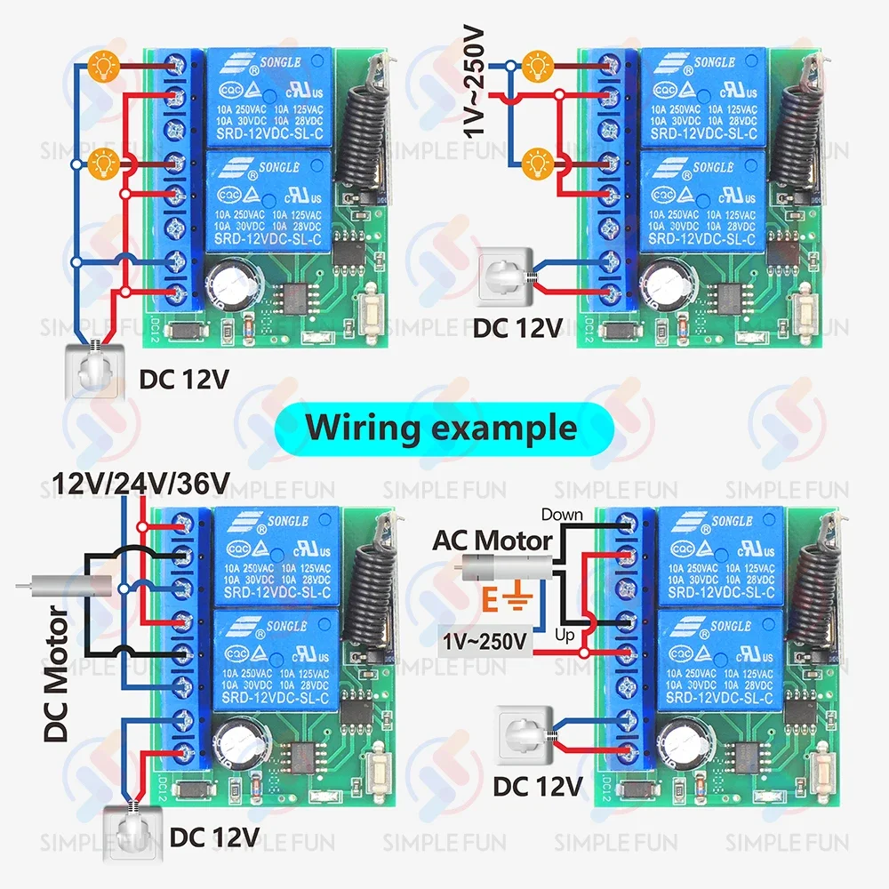 433MHz DC 12V 범용 무선 원격 제어 스위치 2CH 모터 라이트 릴레이 학습 코드 송신기 라이트/게이트/모터/DIY