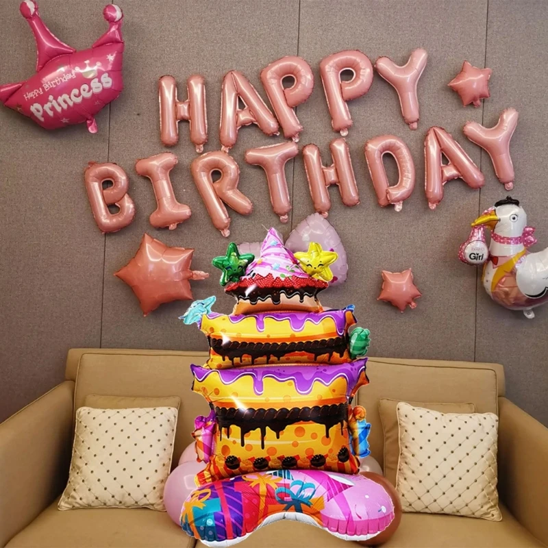 

Large Happy Birthday Cake Balloons Cartoon Cake Aluminum Foil Balloon For Baby Shower Party Decoration