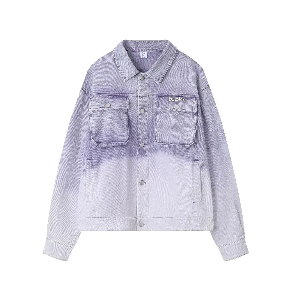 

Grdient Color Block Retro Distressed Loose Purple Denim Coats Jean Jackets for Women Girls Winter Goth Grunge Clothes Streetwear