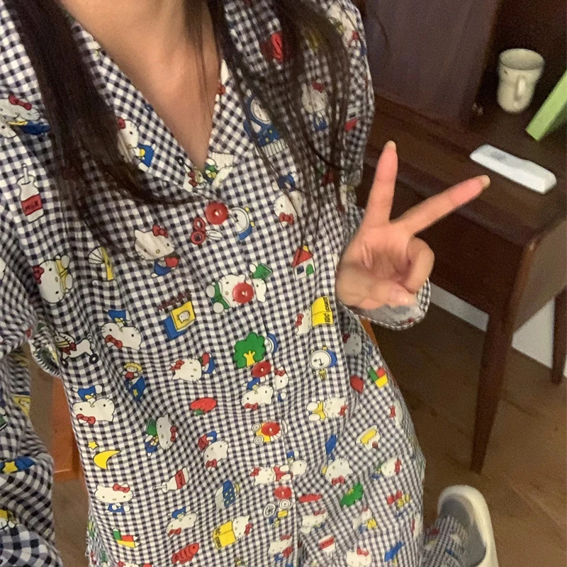 

Cartoon Hello Kitty Pajamas Y2K Autumn Winter Kawaii Two Piece Sleepwear Women Soft Home Clothes Suits Fashion Cute Sleepwear