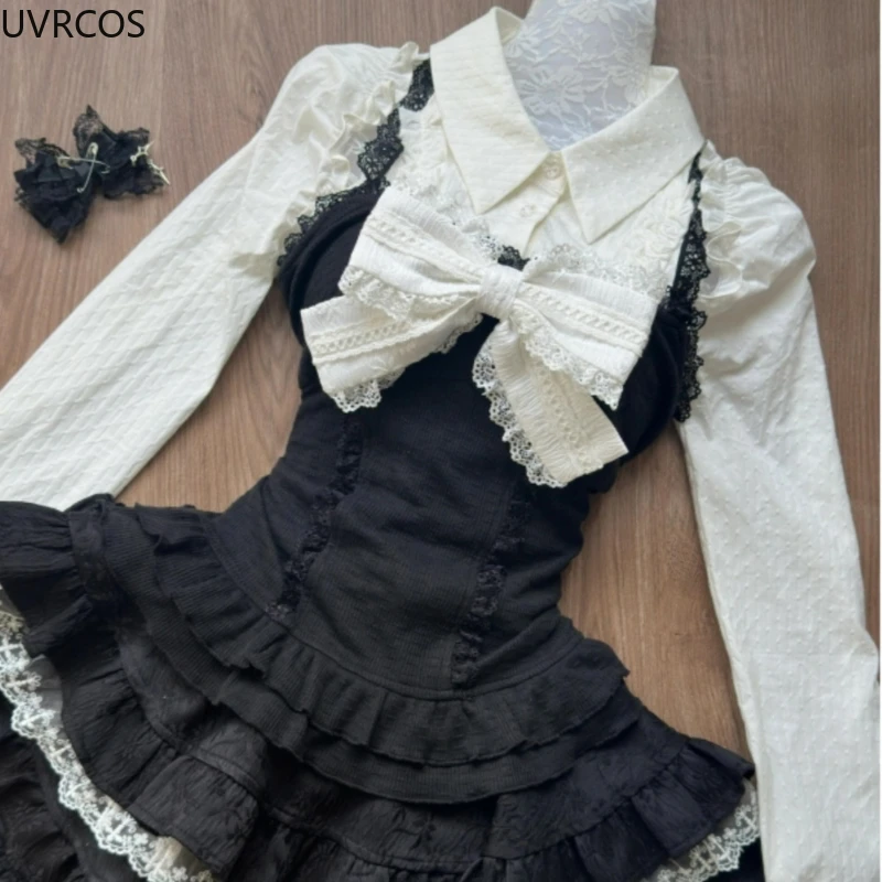 Y2k Aesthetic Lolita Style 3 Piece Set Women Kawaii White Shirt Bow Lace Vest Ruffle Mini Skirts Japan Fashion Gothic Skirt Suit 3