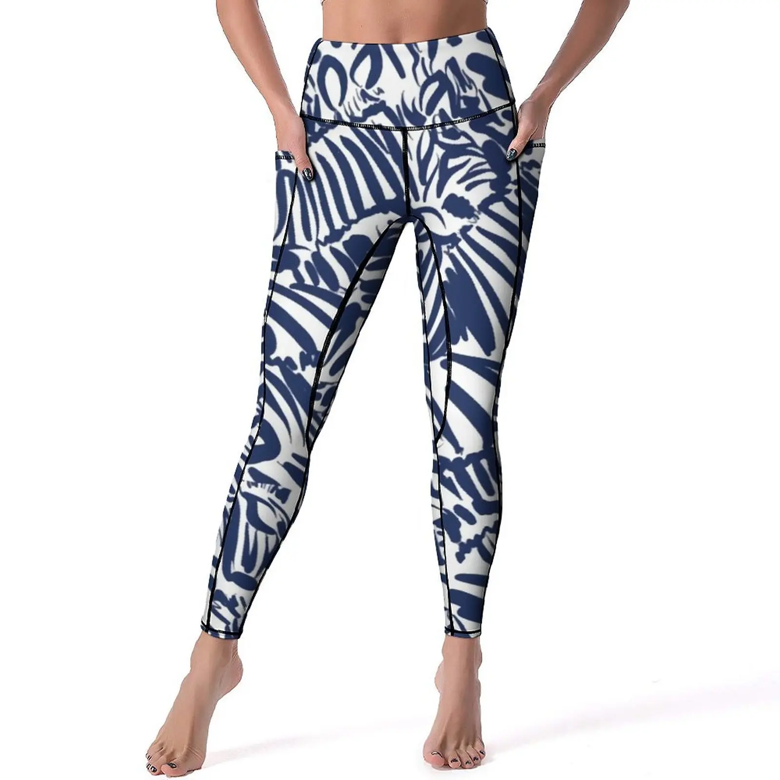 

Синие штаны для йоги с полосками зебры с карманами абстрактные Веселые Леггинсы с животными сексуальные новинка пуш-ап спортивные трико для йоги эластичные графические