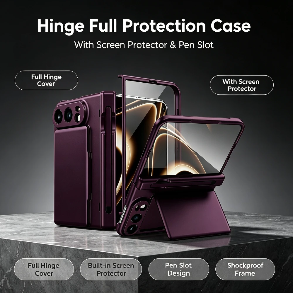 Premium Luxury Metallic Frosted Card Holder Fold Phone Case with Glass Screen Protector and Full Hinge Protection