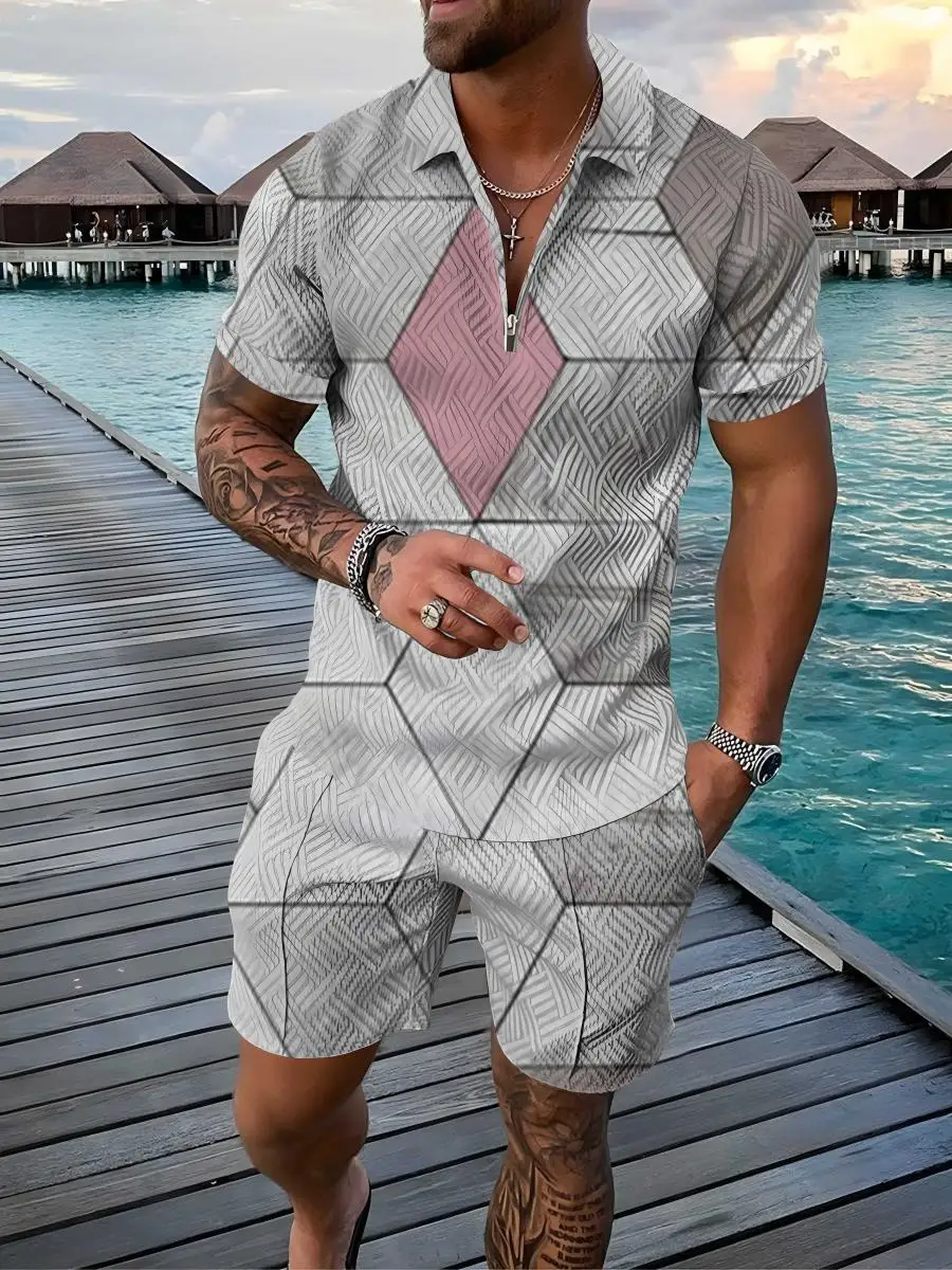 Color Gradient 2 Pcs Sets Golf Summer Fashion Mens Polo Shirts Short Sleeve + Short Pants Sets Tracksuit Casual Beach Suit 5