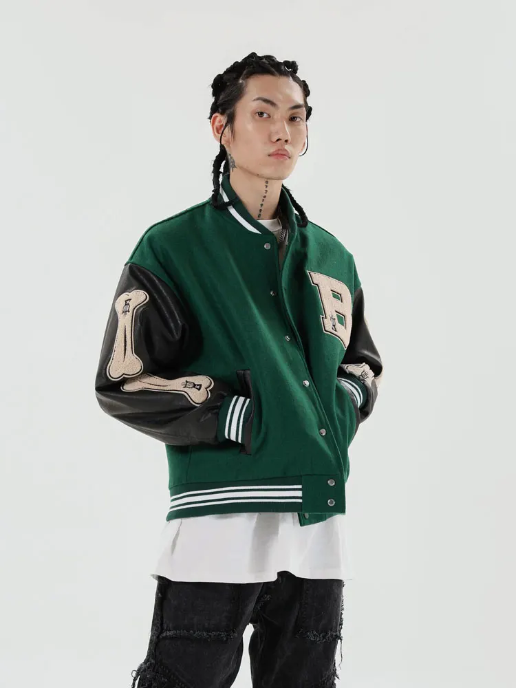 carta peludo osso remendo varsity casaco de