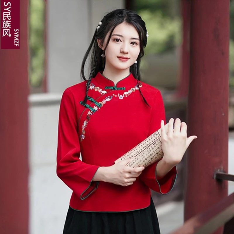 

2022 Autumn New Republic of China Improved Cheongsam Chinese Style Hanfu Women's Cotton And Linen Embroidered Tang Clothing Top