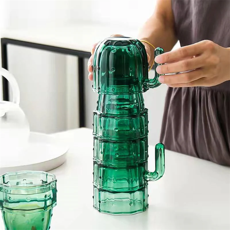 Nordic Cactus Glass Cup Household Water Glass Mug 4/6 Pcs Set Stackable Green Tumbler Glassware With Box Package Gift Cups