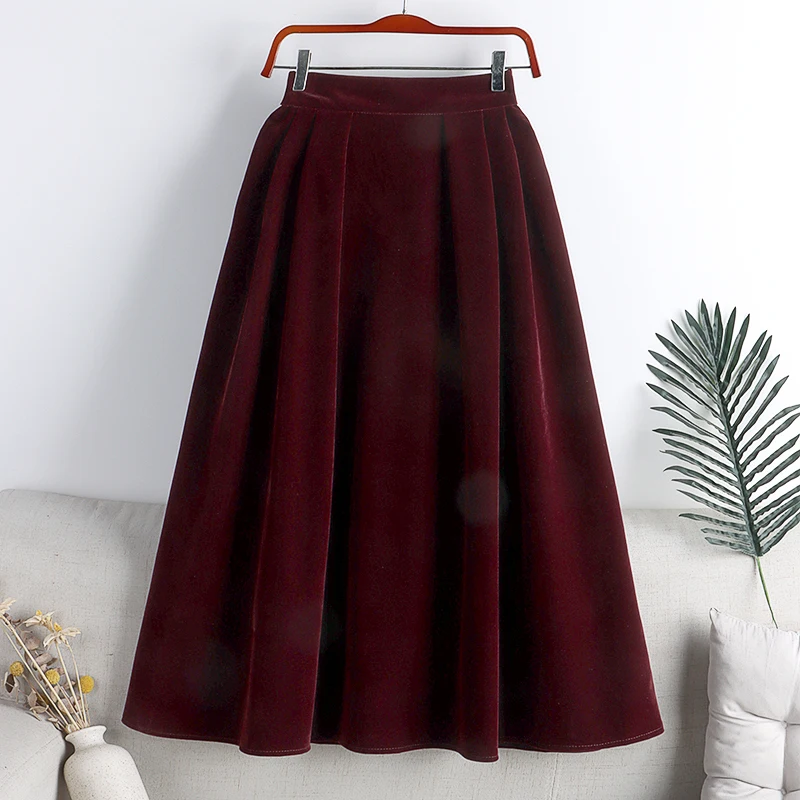 

Winter Long Pleated Skirt for Women Fashion 2023 Pleuche Warm Korean Clothes Ladies A-line Preppy Style Mid-Calf Free Shipping