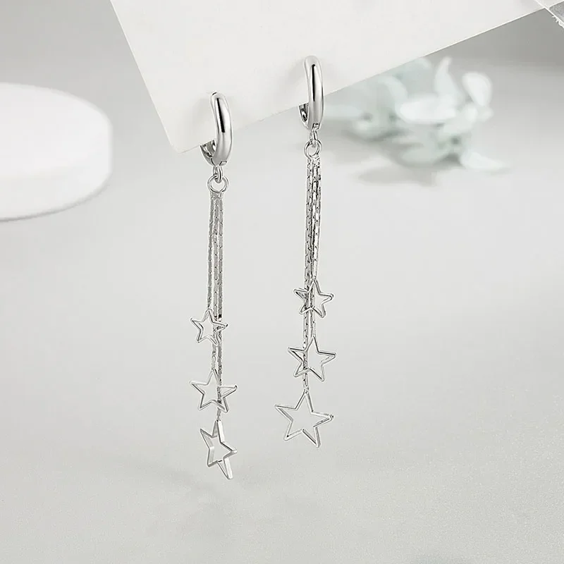Elegant Popular Three Stars Hoop Earrings For Women 925 Sterling Silver Party Jewelry Beautiful Long Tassel EarringElegant