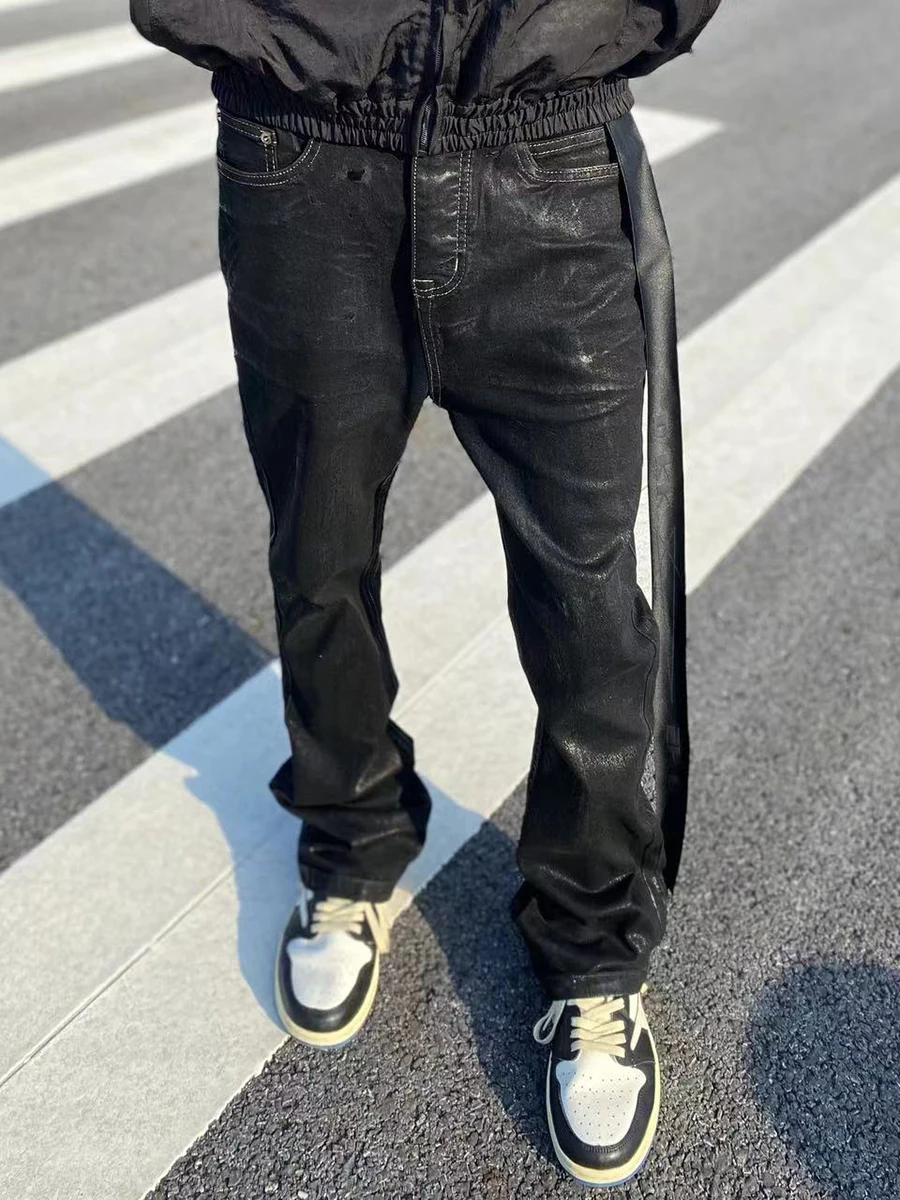 REDDACHiC Hiphop Men Black Wax Coated Flare Jeans Y2k Flowy Belt 