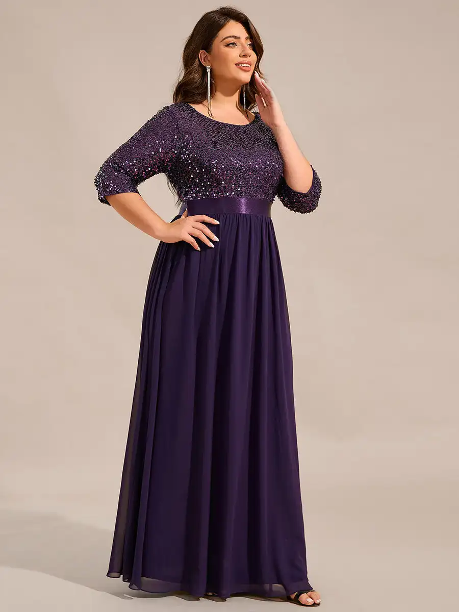 Plus size Evening Dresses Long sleeve O-Neck 2025 Ever pretty of A-LINE  Sequin Dark Purple Bridesmaid dress - AliExpress 320