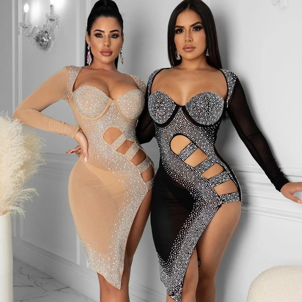 

AOSKM2023 New Summer VK2123 Europe And The United States Sexy Hot Diamond Tassel Breast Inlaid Diamond Long-Sleeved Dress