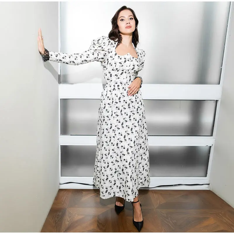 Vintage Floral Square Collar Long Dresses Women Elegant Puff Sleeve Lace Patchwork Maxi Dress Female Spring Chic Street Evening