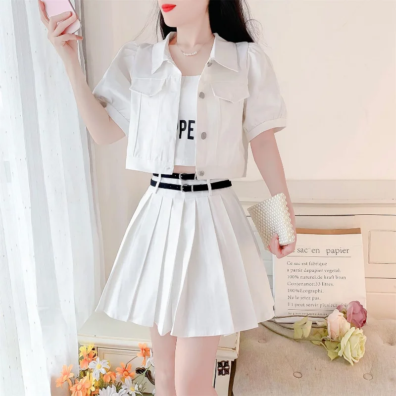 Three-Piece Slimming Suit with Bubble Sleeve, Thin Jacket, Halter Top, A-word Skirt, Sexy Fashion Cardigan, Summer, 2023