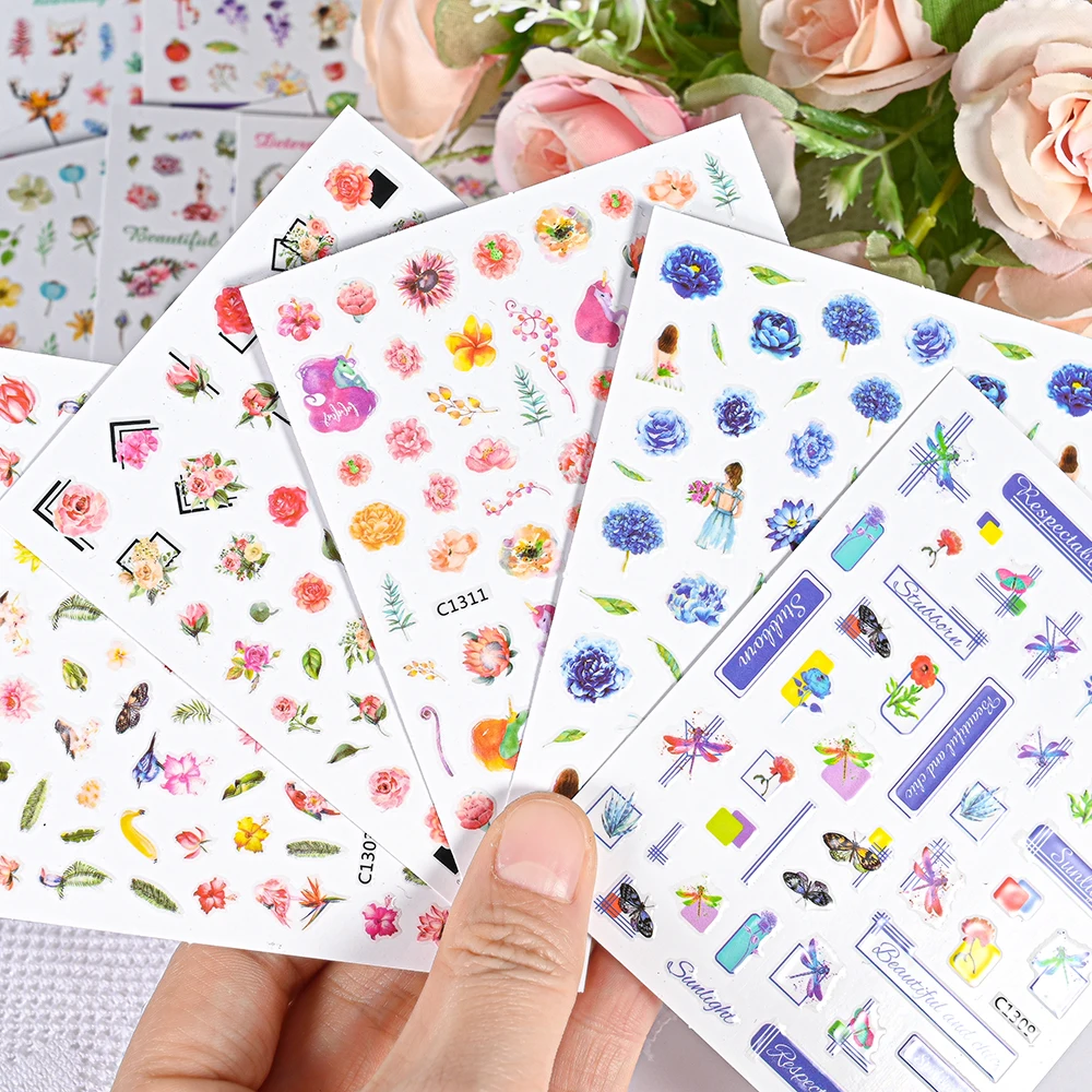 

Nail Art Decals Summer Flower Leaf Tree Back Glue Nail Stickers For Nail Tips Beauty Animal Butterfly Deer Nails Slider Wraps