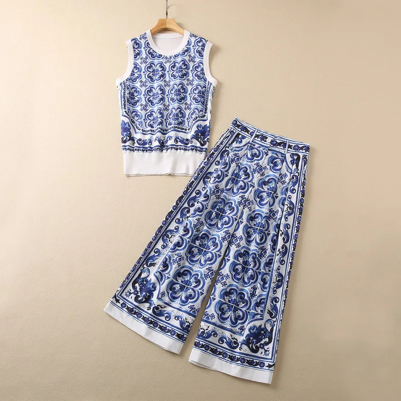 

Новинка Женская одежда в европейском и американском стиле для зимы 2022 вязаный Шелковый жилет в стиле пэчворк с синим принтом брюки с широкими штанинами модные костюмы