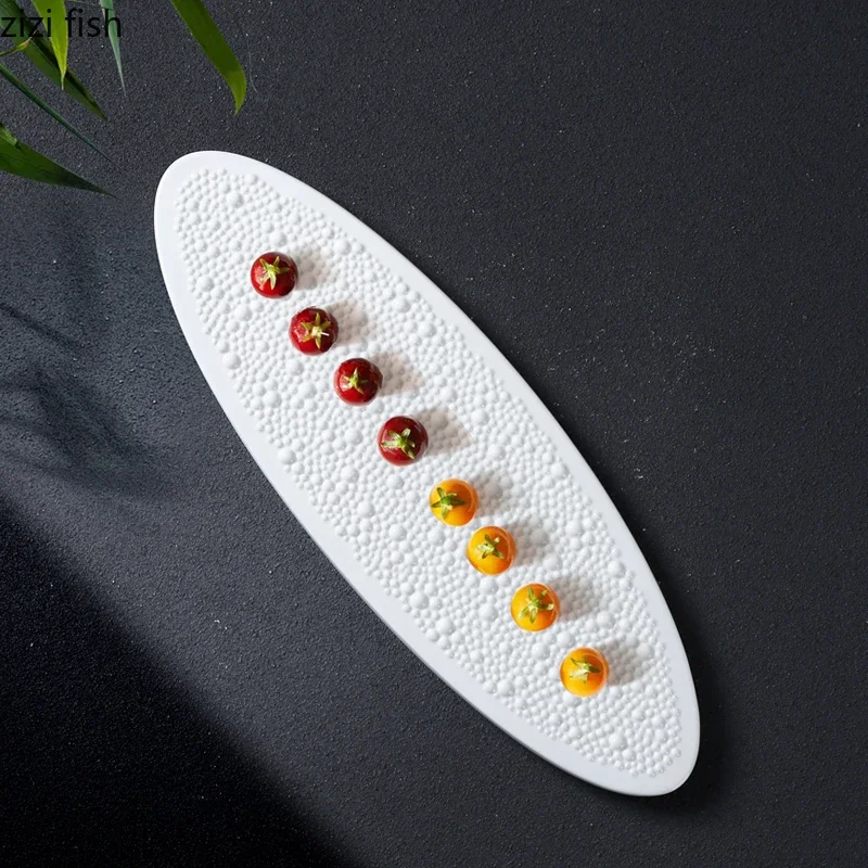 Pure White Bead Dot Texture Ceramic Sushi Plate Oval Dessert Plate Snack Dim Sum Dish Molecular Cuisine Creative Tableware